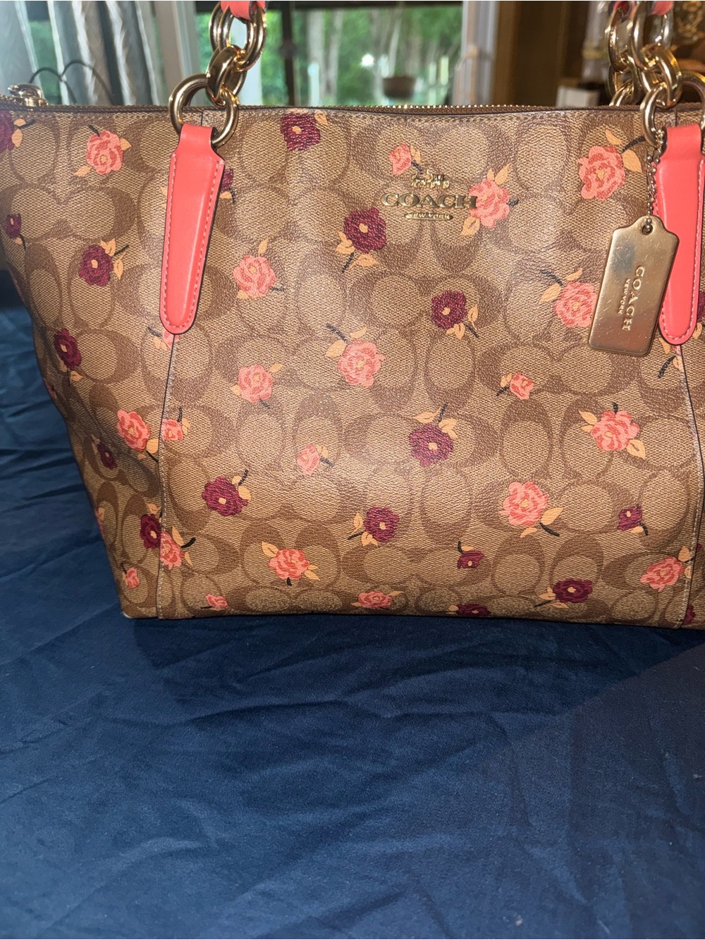 Coach Brown Signature Floral Tote with Pink Trim and Gold Hardware